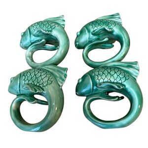 Set Of 4 Pottery Barn Green Ceramic Fish-Shaped Napkin Rings